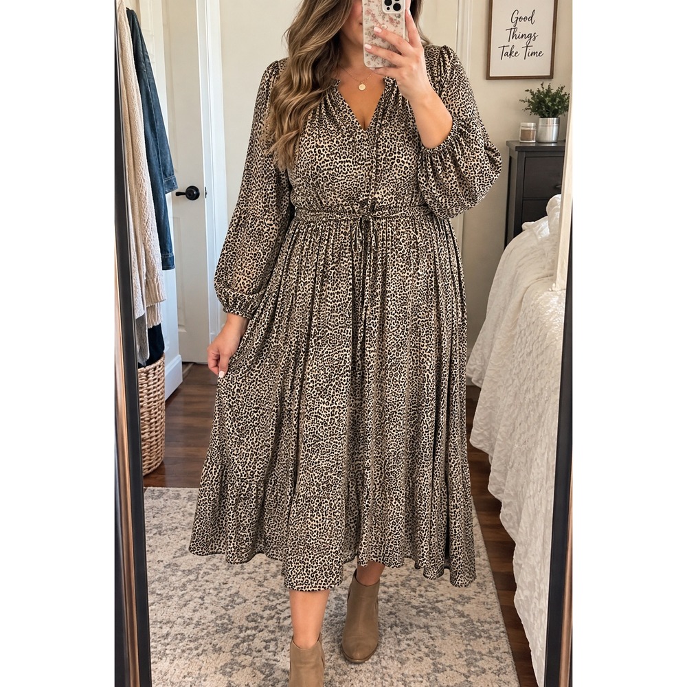 A New Day Leopard Print Midi Dress 2X V Neck Drawstring Waist Long Sleeve NWOT